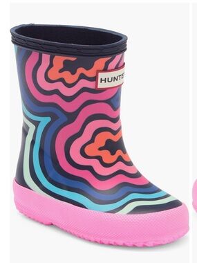 Hunter Kids Navy Multicolor Swirl Rain Boots with Pink Sole Uk 5